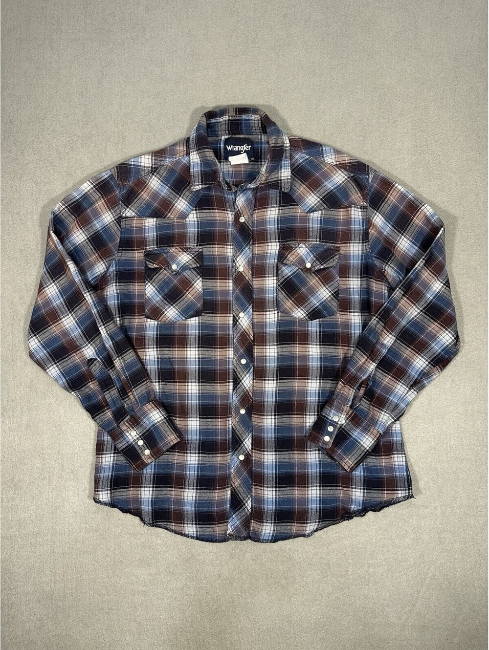 Wrangler Mens Large Plaid Western Snap Shirt Blue Brown Pearl Button Cowboy